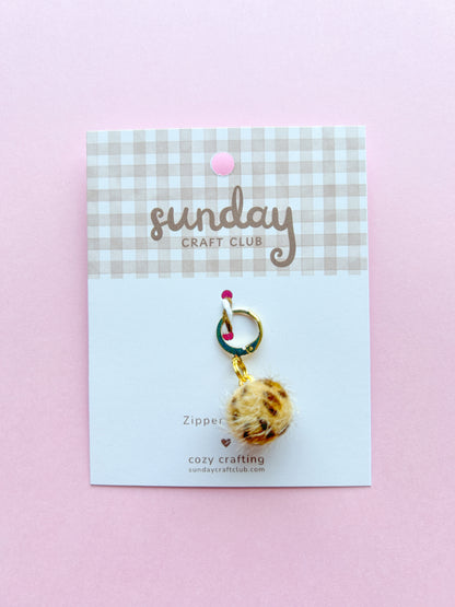 Leopard Cheetah Pom Pom Zipper Charm, Stitch Marker, Bag Charm