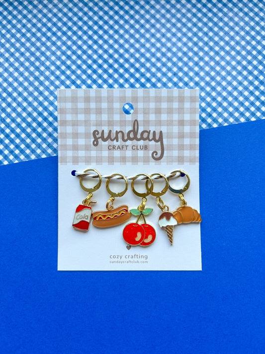 Favorite Snacks Stitch Marker Set, Progress Keepers, Knitting and Crochet (Choose your Clasp)